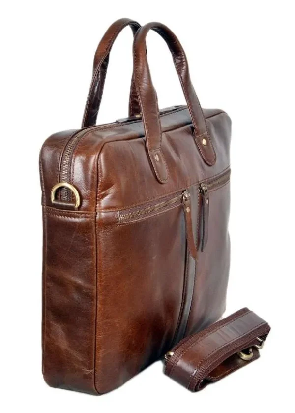 Saturn Tan Leather Slim Laptop Bag - Image 3